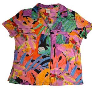 Soma Cool Nights Tropical Floral Button Sleep Top XL Notch Collar Multicolor